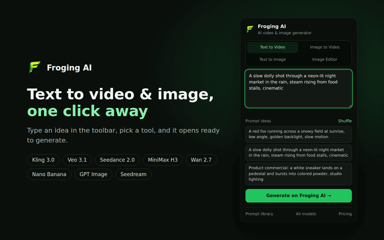 The Froging AI extension popup with Text to Video, Image to Video, Text to Image, and Image Editor tools and prompt ideas