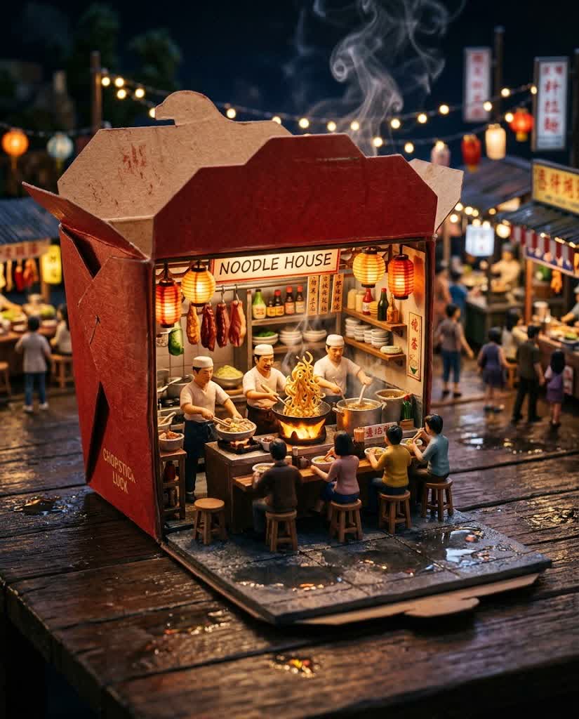 A detailed miniature night market inside a takeout box