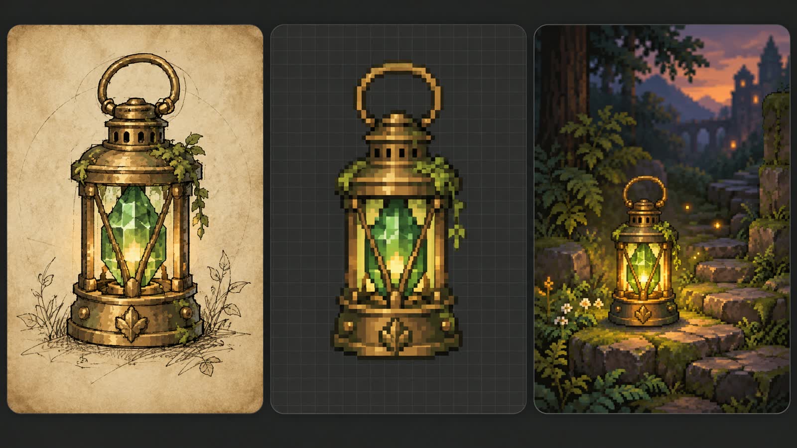 AI-generated editorial studies of a brass lantern as a concept sketch, pixel-style design, and imagined forest prop
