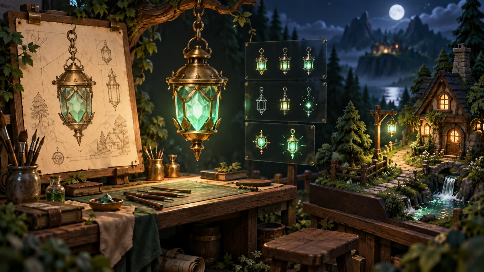Original AI game modding illustration of a green crystal lantern, concept sketches, and a forest diorama