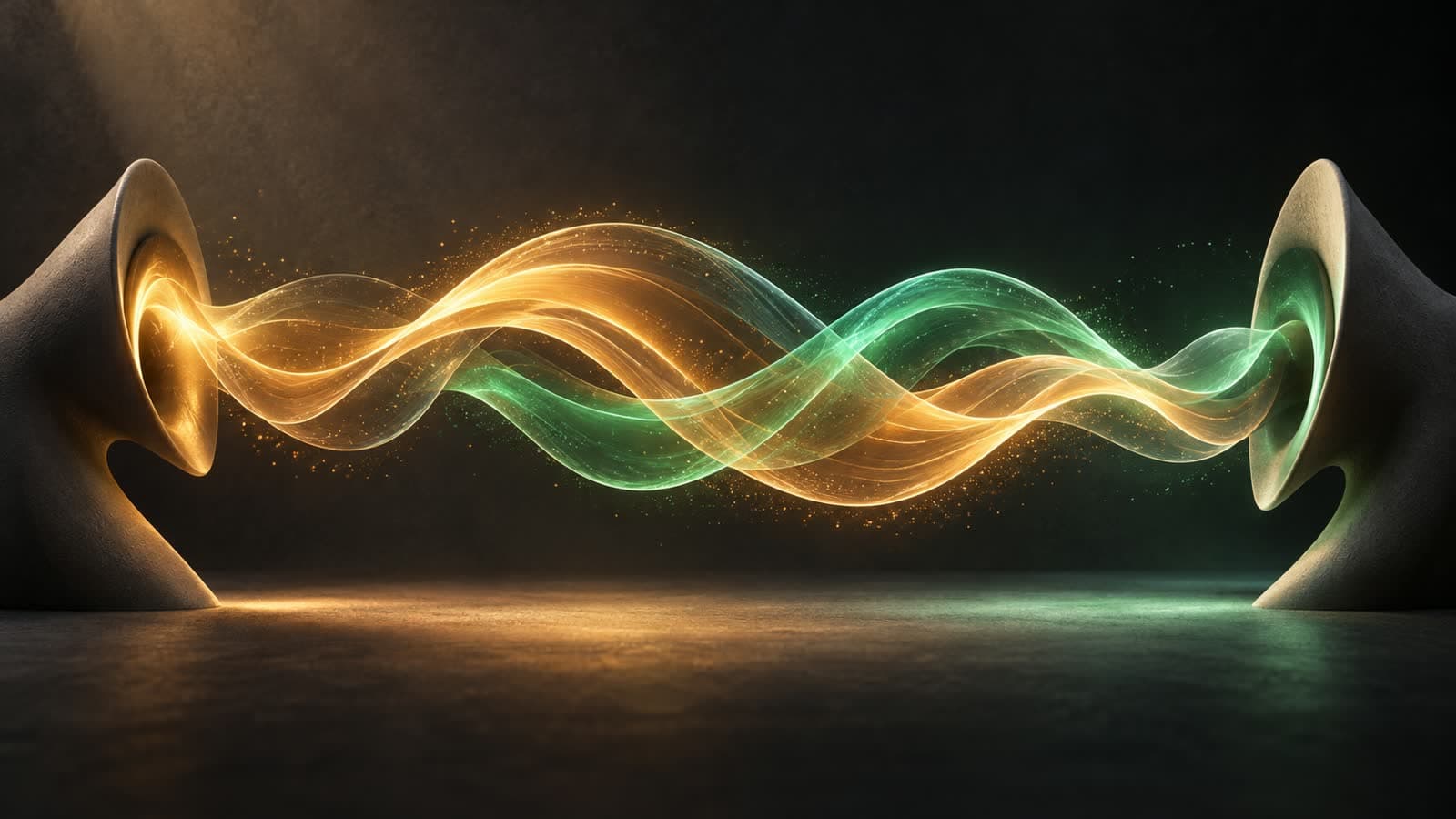 Original editorial illustration of amber and green sound ribbons overlapping between two sculptural listening forms