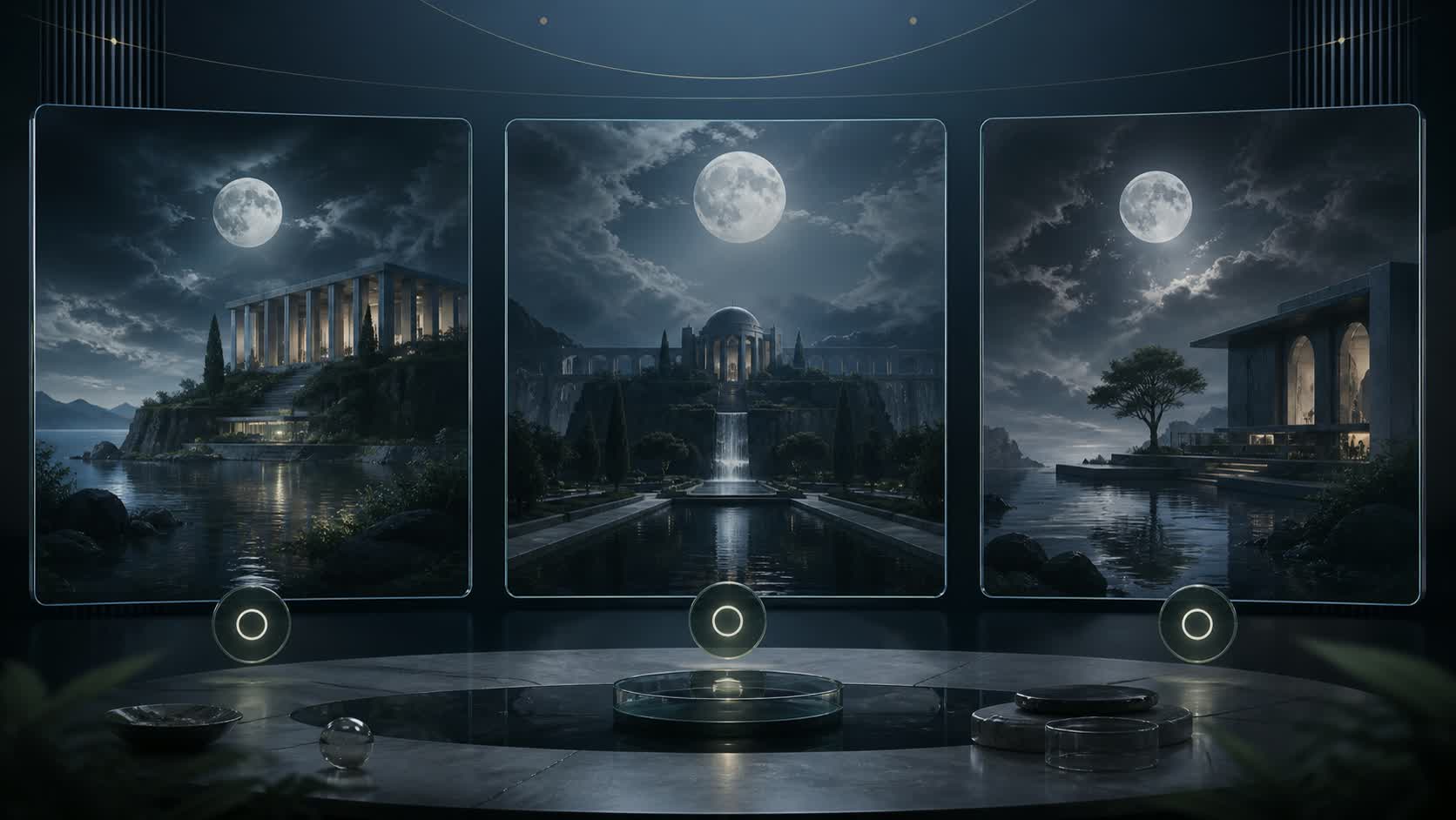 Three anonymous panels interpreting the same moonlit architecture prompt