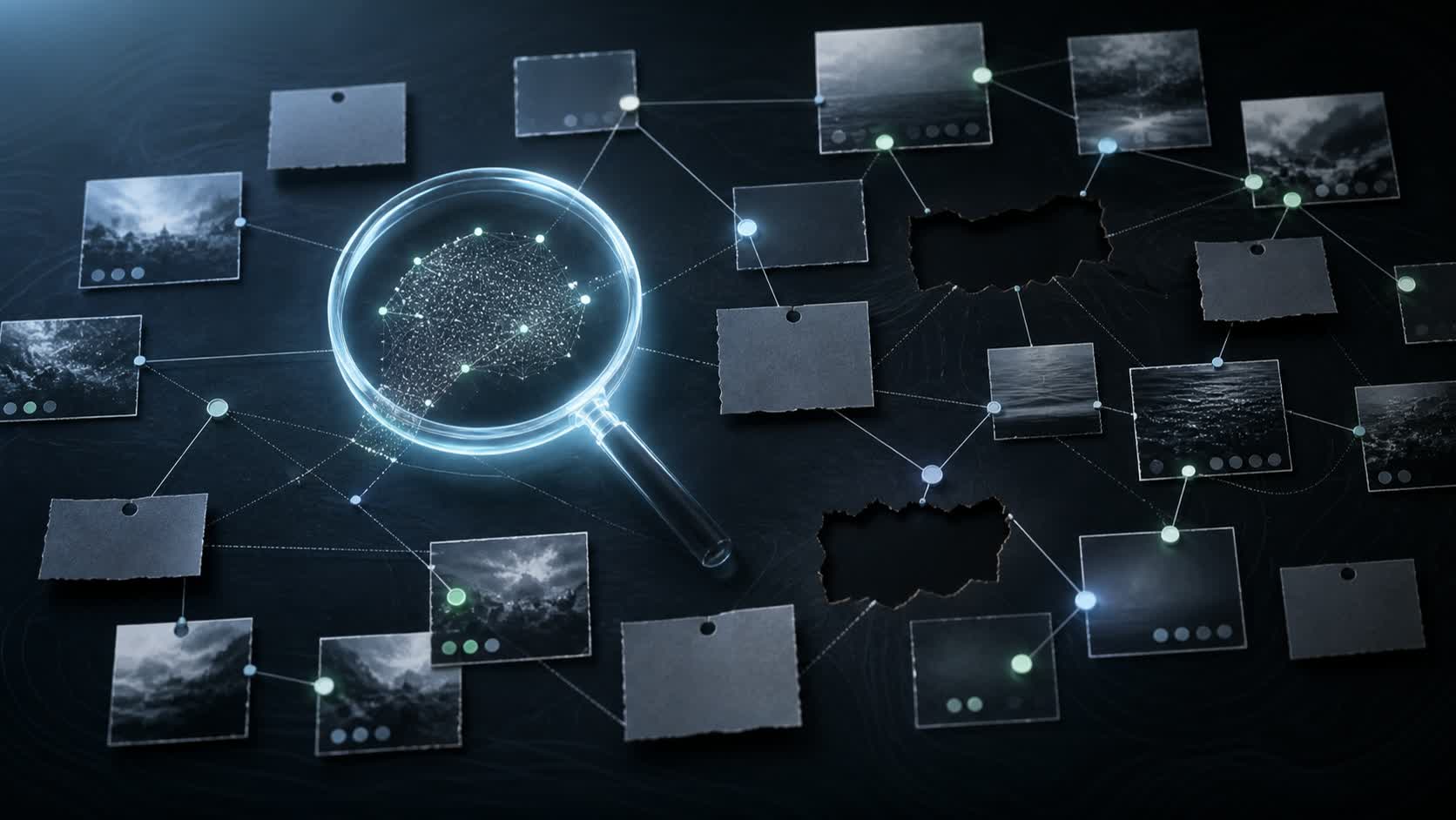 Abstract evidence map with incomplete source cards and a luminous magnifying lens