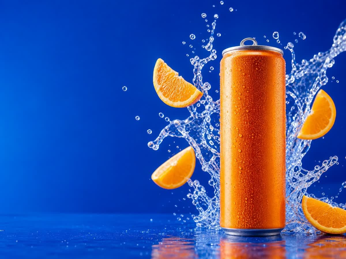 Orange soda can with citrus slices and water splashes against a cobalt-blue background, with empty space on the left