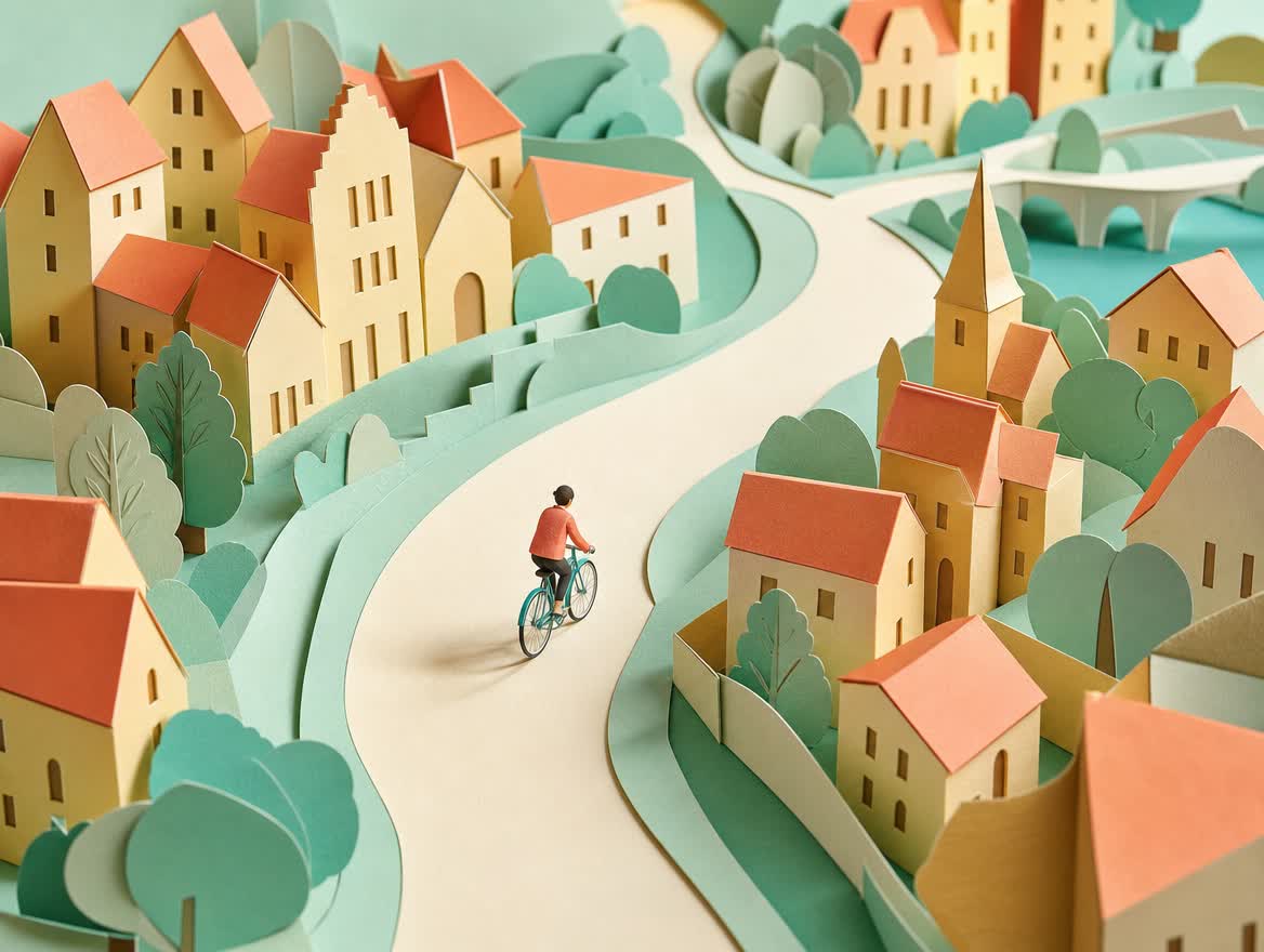 Cyclist following a cream path through a miniature paper city with coral roofs and mint-green trees