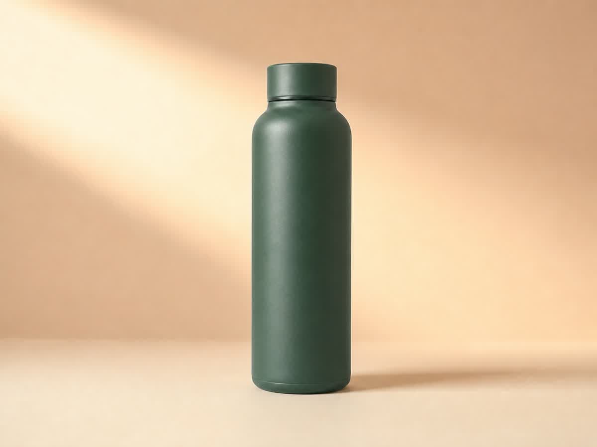 Forest-green water bottle in a warm ivory and peach studio setting with diagonal window light