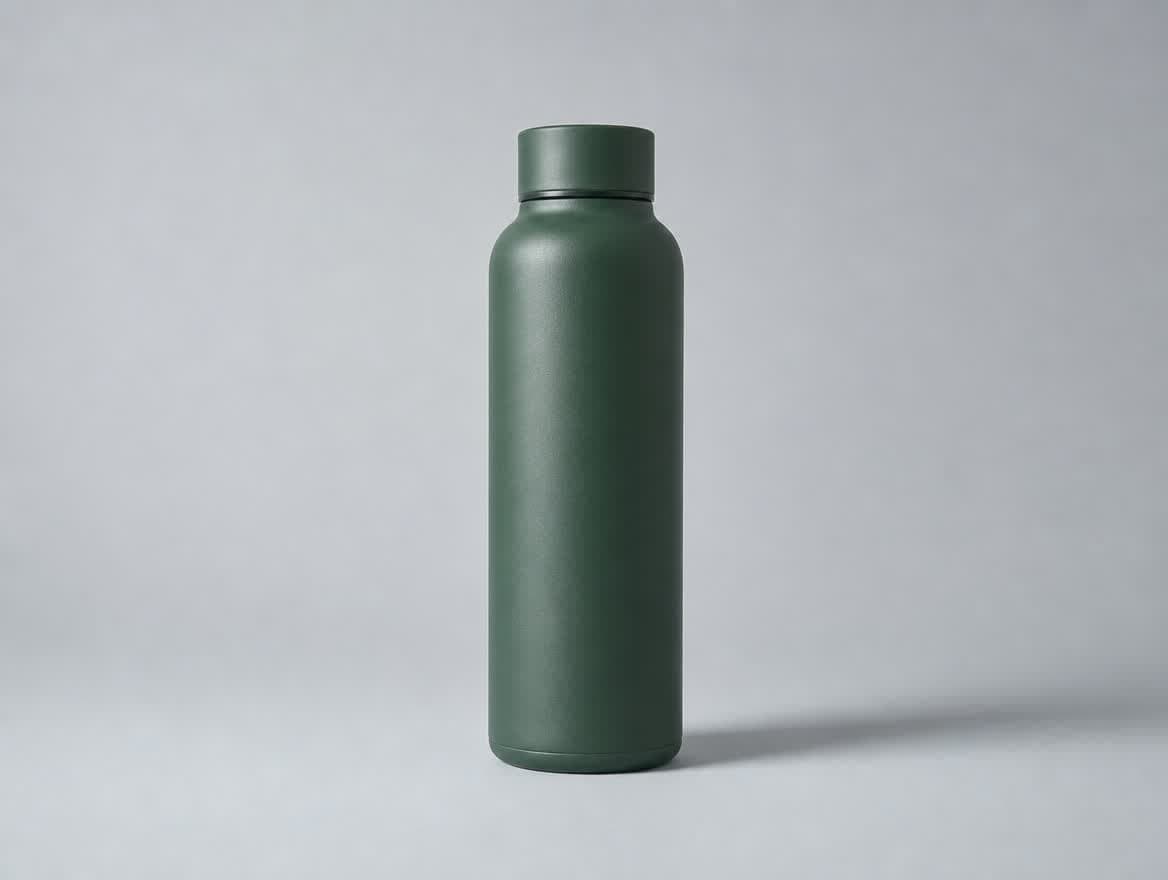 Matte forest-green water bottle centered against a cool-gray studio background