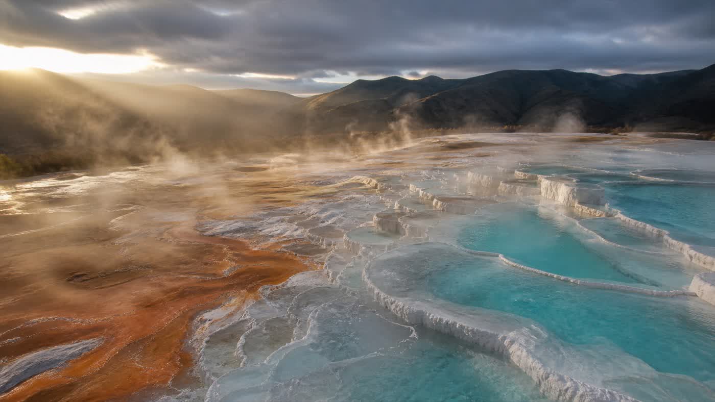 Turquoise geothermal terraces in warm evening light, an AI-generated sample