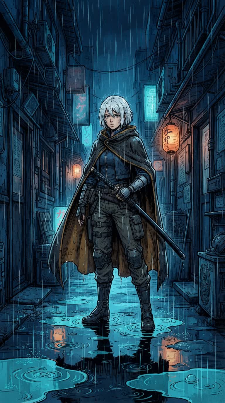 Original: Ein Anime-Krieger zieht im Regen sein Schwert