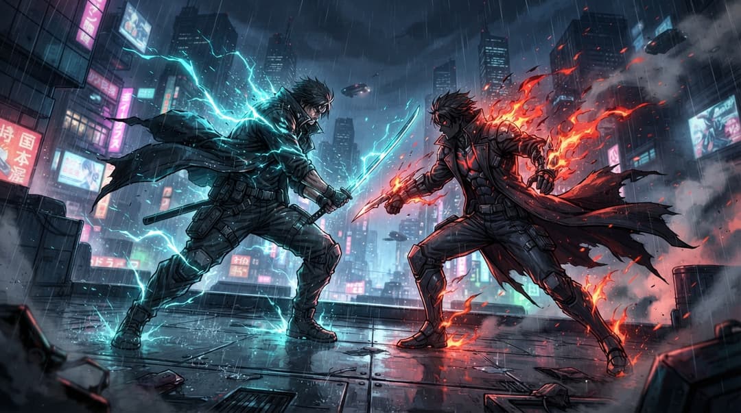 Two original anime rivals charge opposing energies above a rain-soaked city.