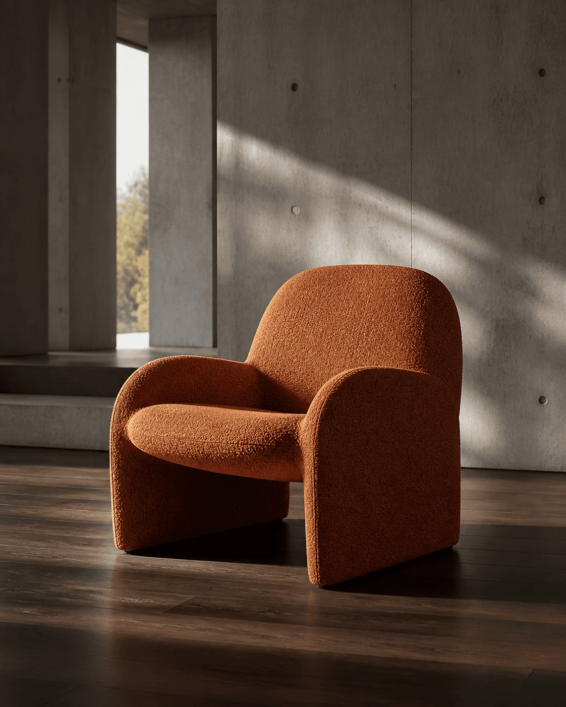 A tactile furniture study with architectural negative space and warm afternoon shadows.