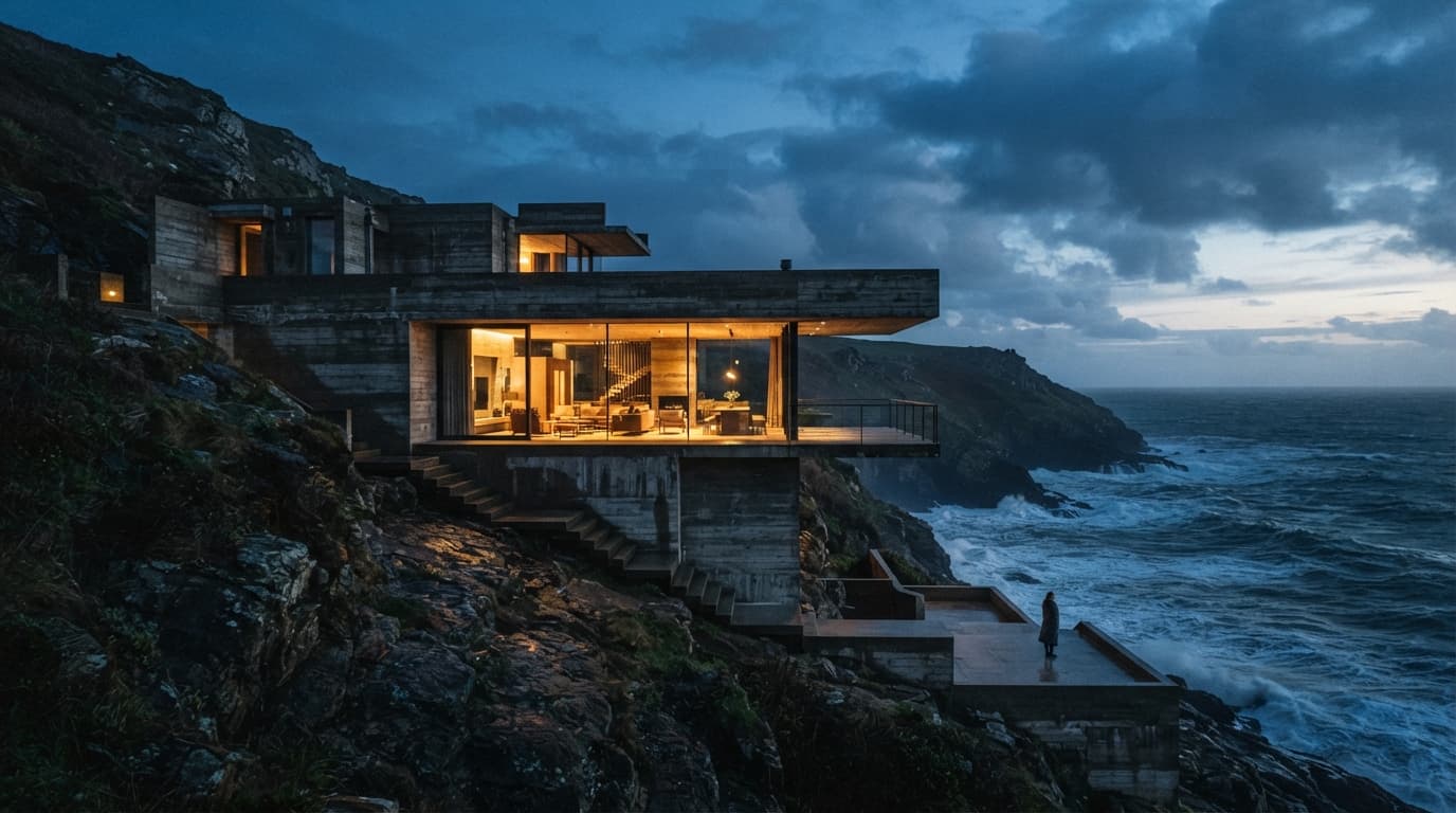 A cliffside architectural scene balanced between rough concrete and warm interior light.