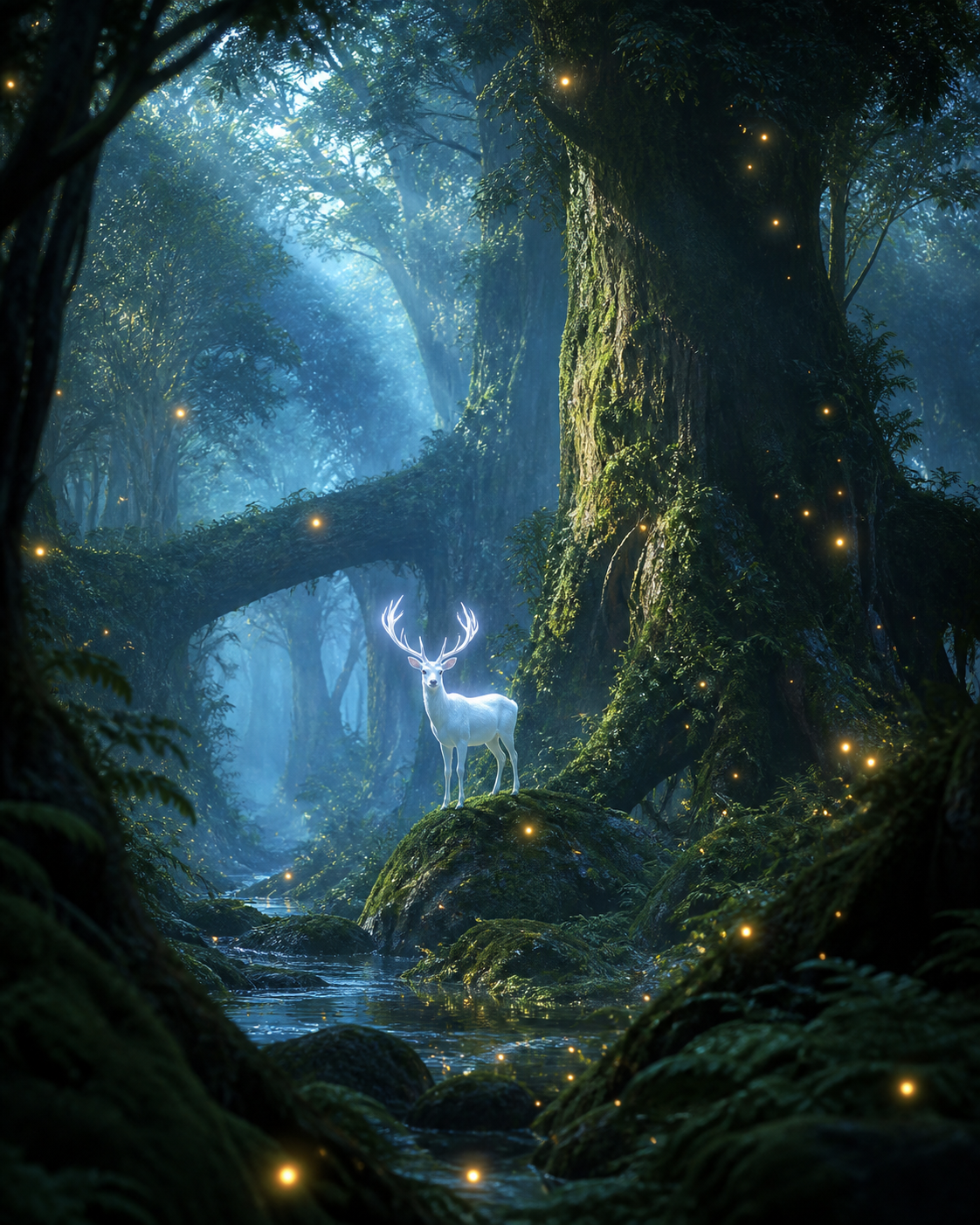 A layered magical forest scene balanced with cool dawn light and warm fireflies.