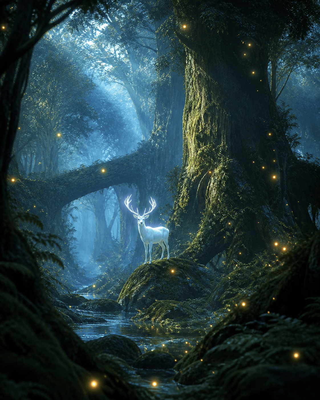 A layered magical forest scene balanced with cool dawn light and warm fireflies.